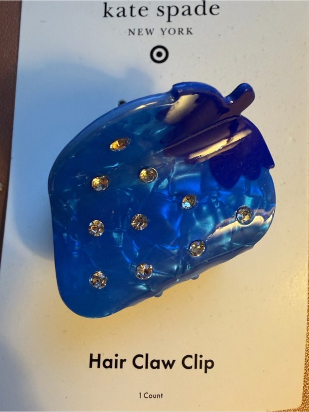 kate spade blue strawberry hair claw with rhinestones
